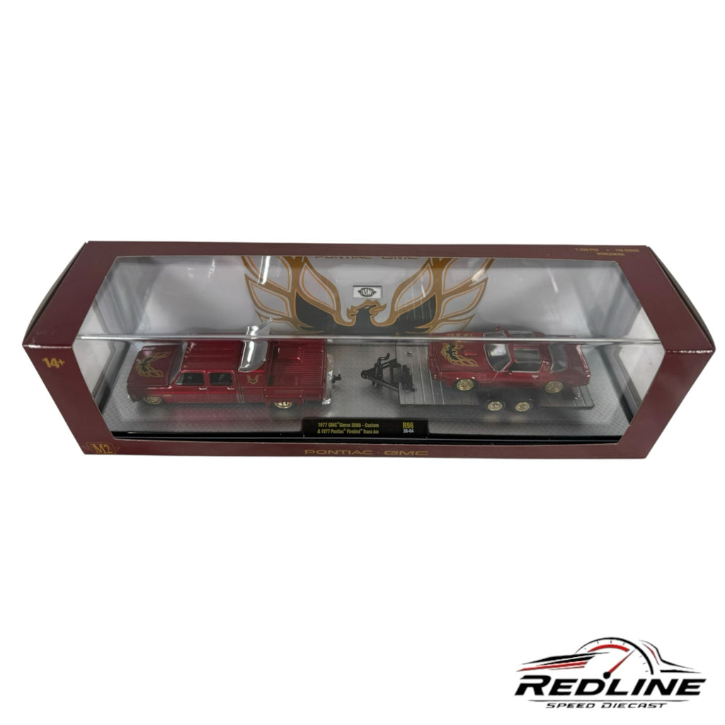 Redline Speed Diecast 1977 GMC Sierra truck and Pontiac Firebird trailer set in a collector display box