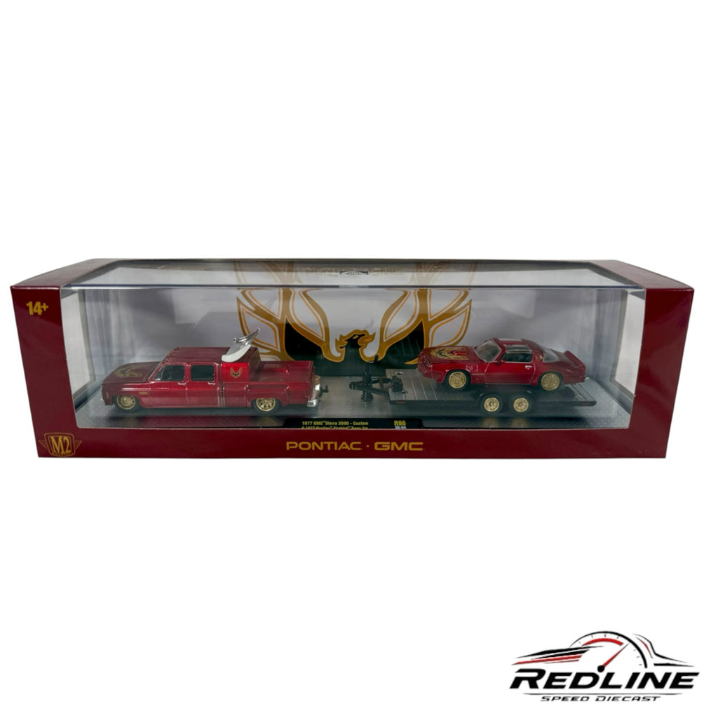 Redline Speed Diecast M2 Machines 1977 GMC Sierra truck and Pontiac Firebird trailer set in a display box.