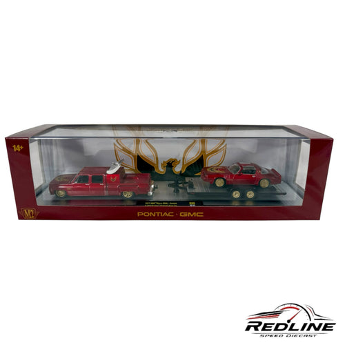 Redline Speed Diecast M2 Machines 1977 GMC Sierra truck and Pontiac Firebird trailer set in a display box.