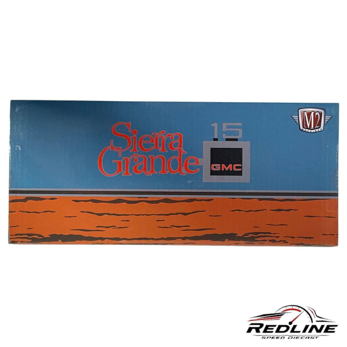 Redline Speed Diecast packaging box for a 1976 GMC Sierra Grande 15 model truck with blue and wood grain graphics