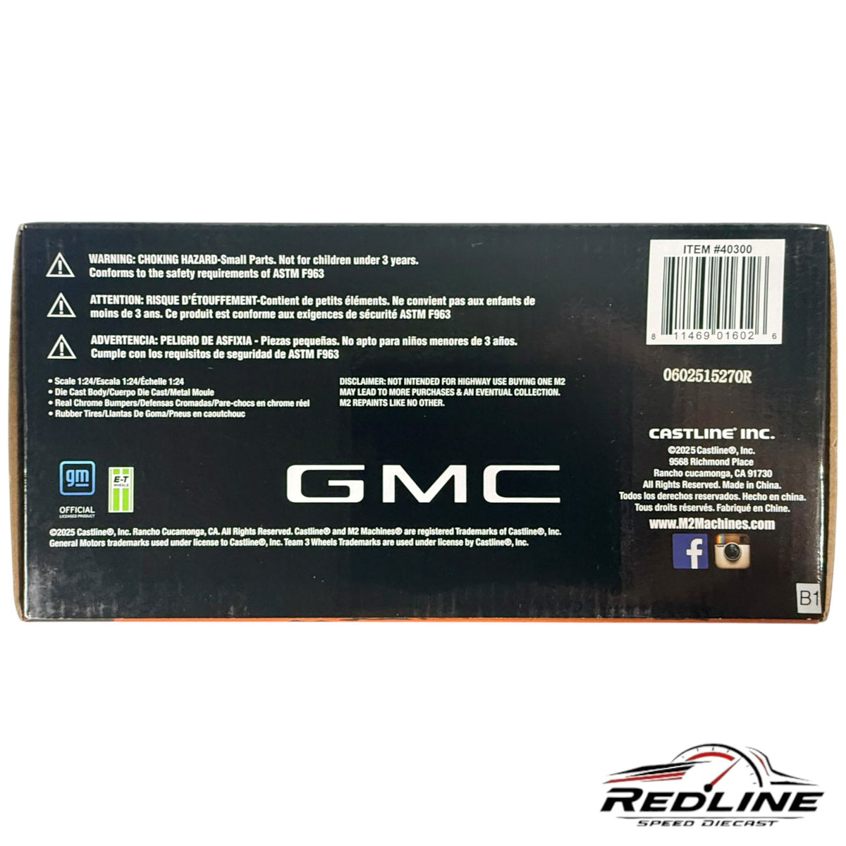 Redline Speed Diecast packaging box for 1976 GMC Sierra Grande 15 model featuring safety warnings and product details