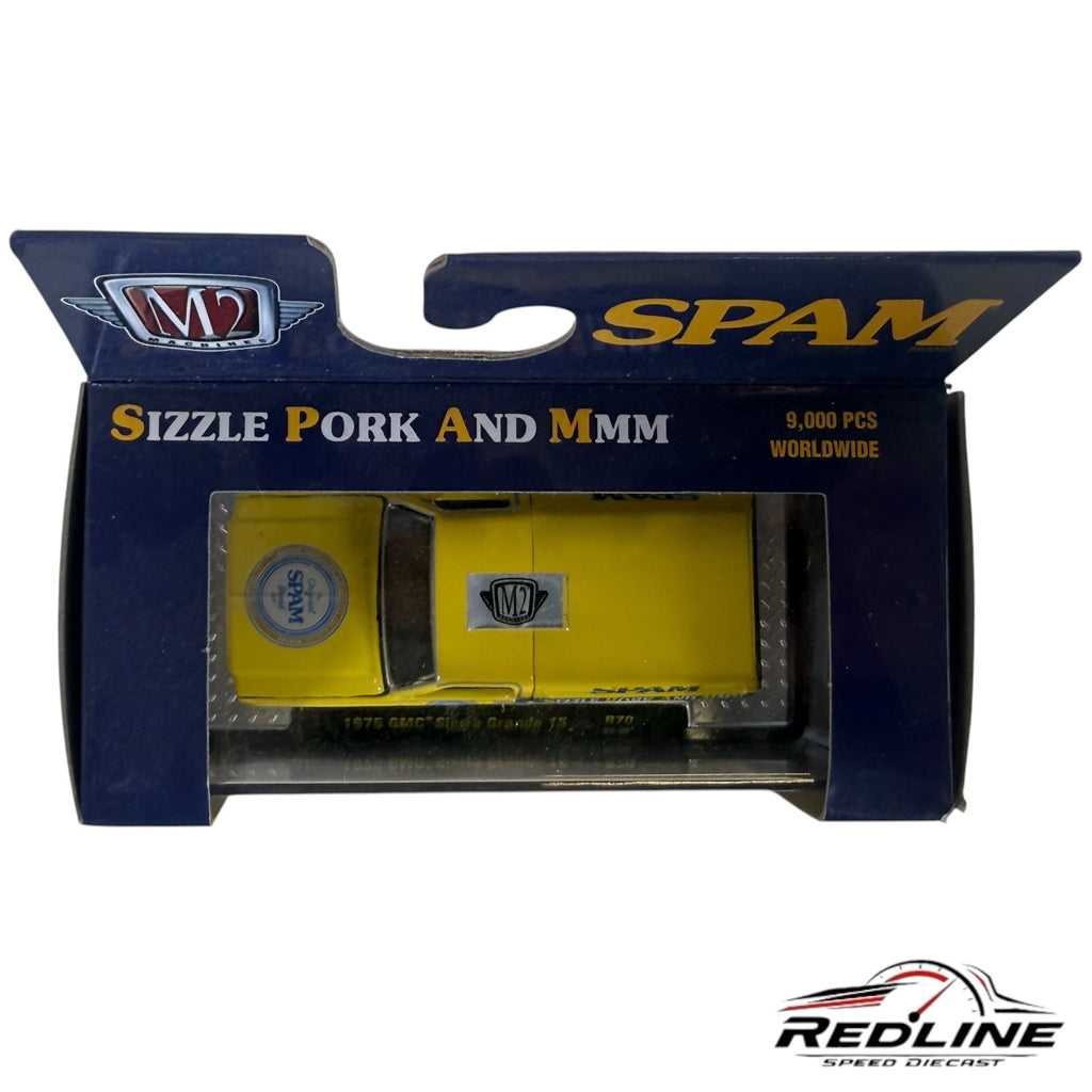 Redline Speed Diecast M2 Machines 1975 GMC Sierra Grande SPAM edition diecast truck in yellow and blue packaging