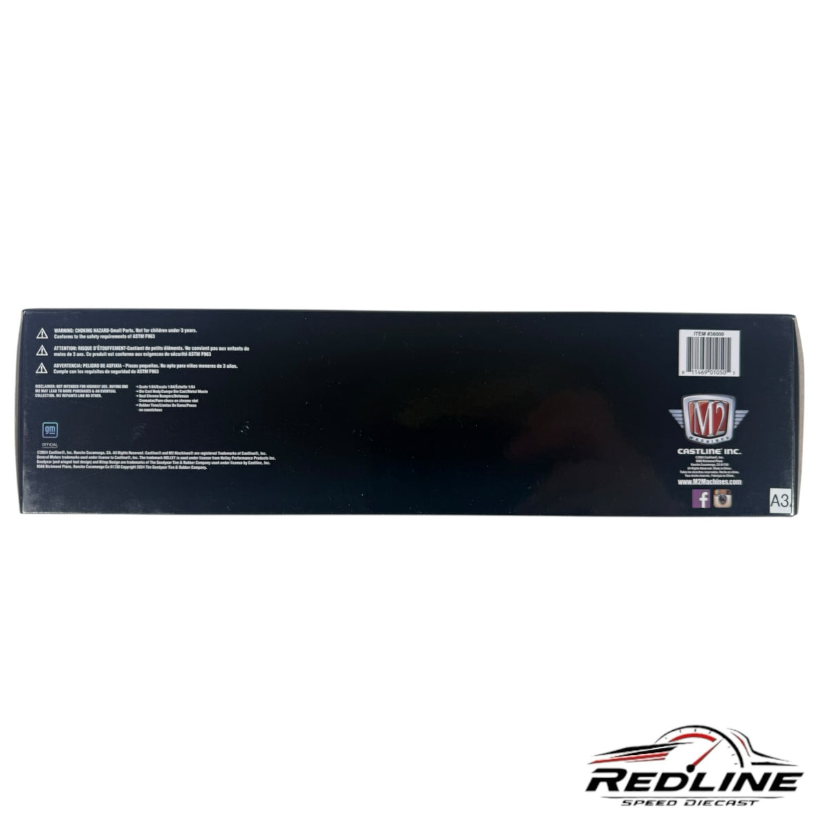 Redline Speed Diecast GMC truck collector set packaging box back view with M2 Machines branding and safety warnings