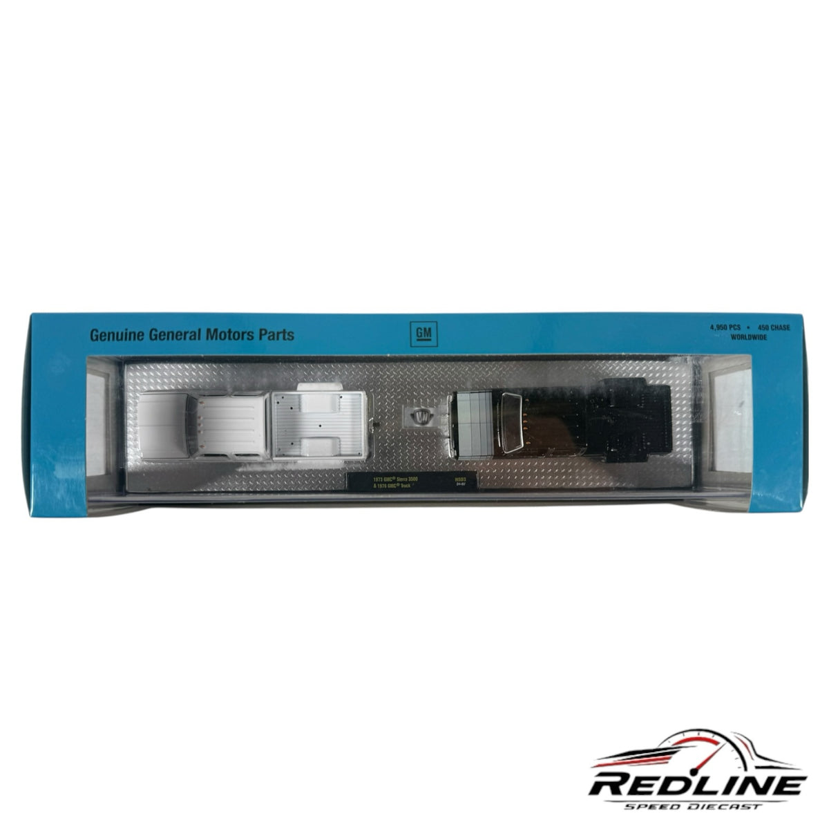 Redline Speed Diecast 1:64 scale 1973 GMC Sierra 3500 and 1976 GMC truck set in a branded collector display box