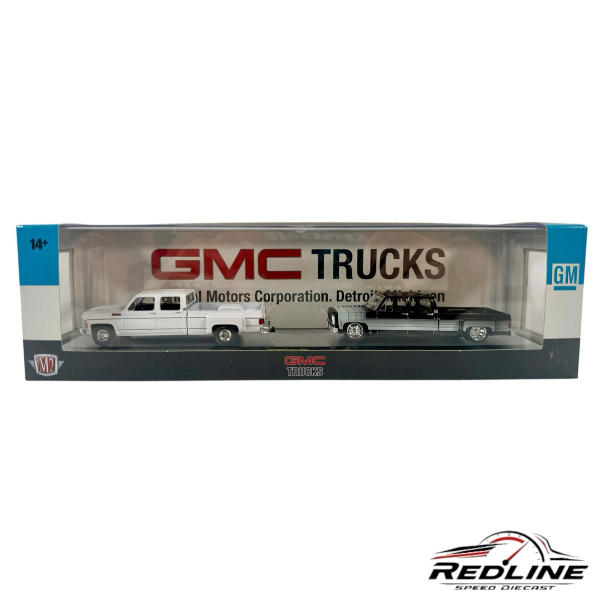 Redline Speed Diecast M2 Machines 1:64 scale 1973 and 1976 GMC truck two-piece collectible set in display box