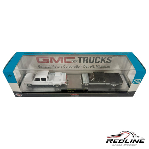 Redline Speed Diecast 1:64 scale 1973 GMC Sierra 3500 and 1976 GMC truck set in a branded collector display box.