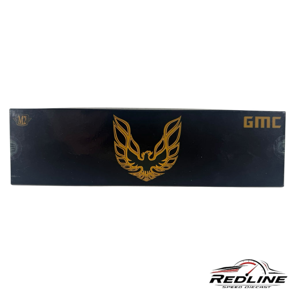 Redline Speed Diecast GMC truck and trailer set packaging in black with a gold bird graphic and GMC logo
