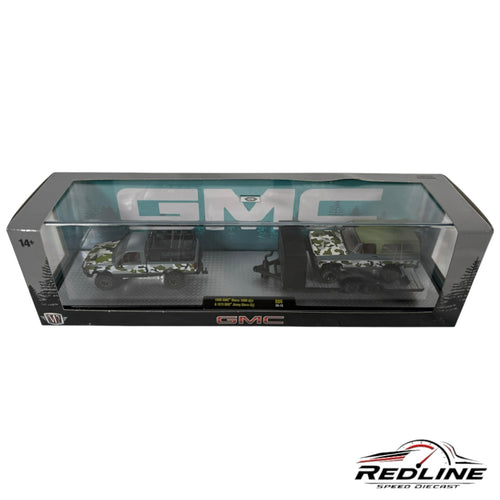 Redline Speed Diecast M2 Machines GMC truck and trailer set featuring a camouflage 1998 Sierra 1500 and 1973 Jimmy