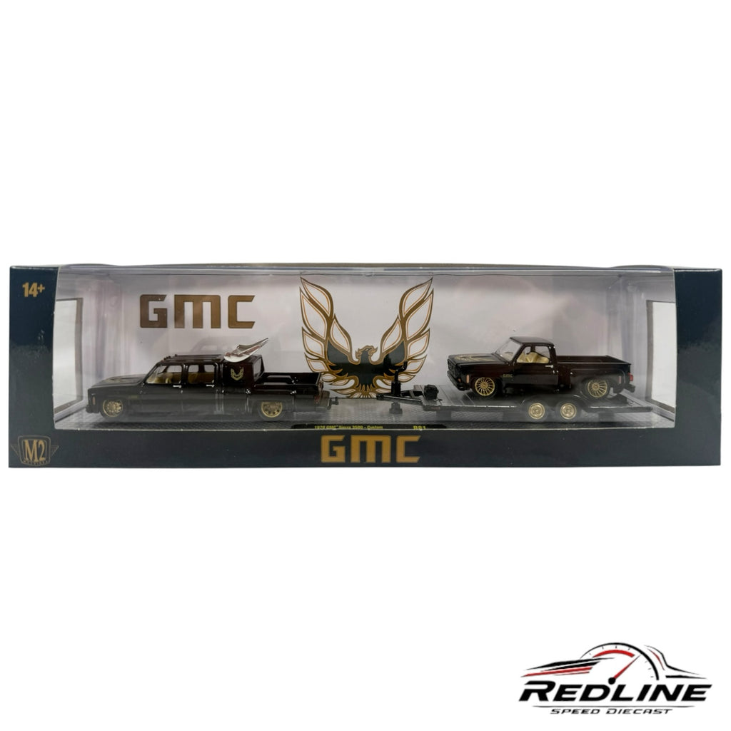 Redline Speed Diecast M2 Machines 1976 GMC Sierra truck and trailer set in black with gold accents in display box