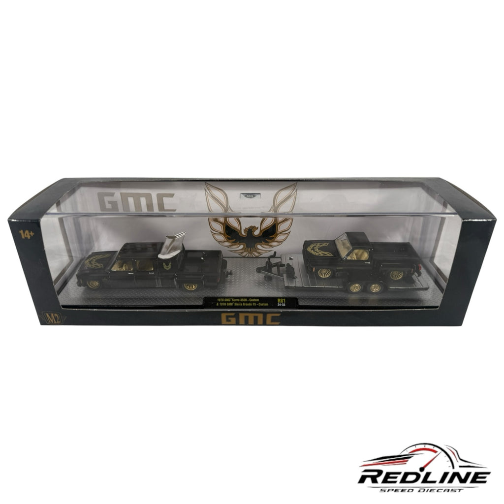 Redline Speed Diecast M2 Machines 1976 GMC truck and trailer set in black with gold accents in display packaging