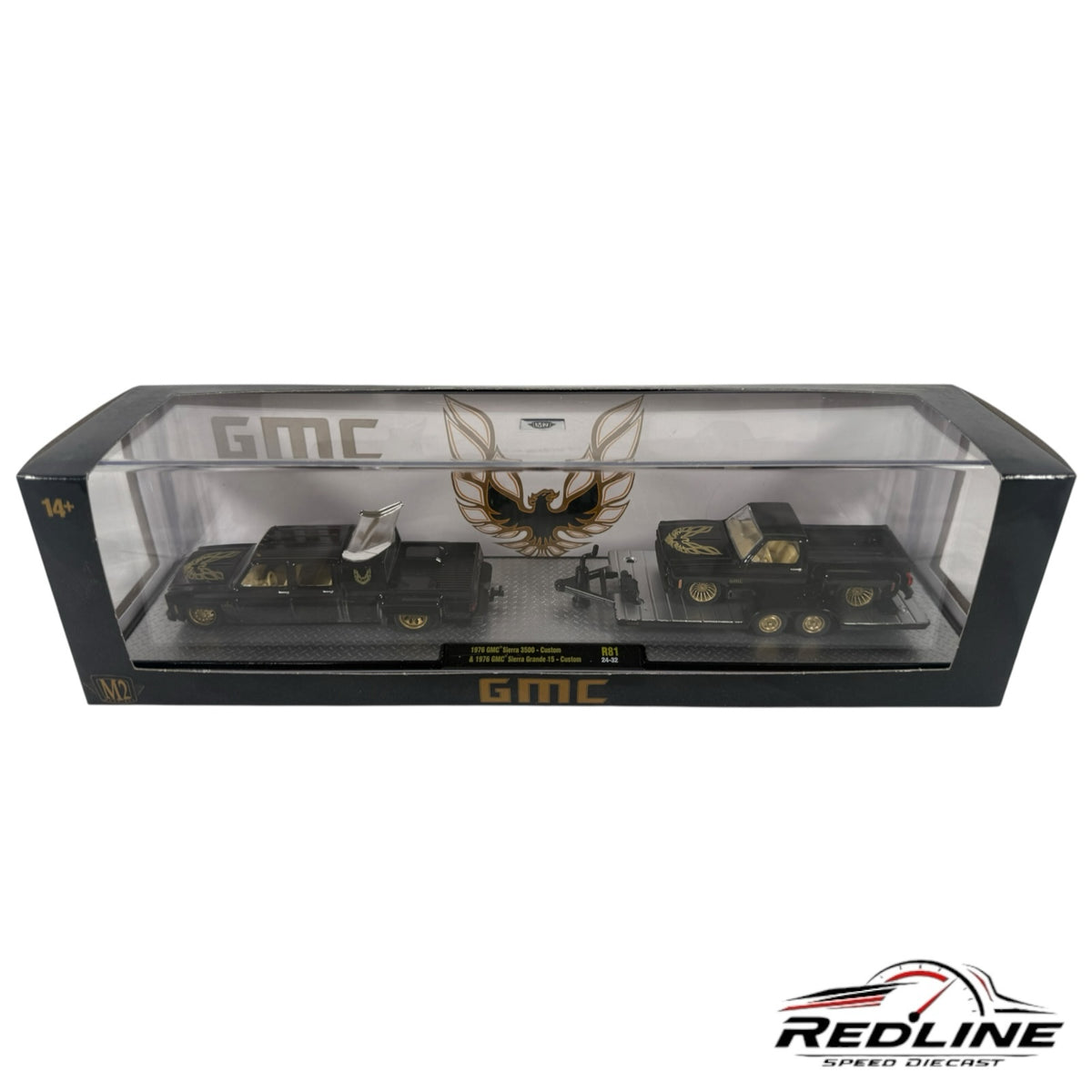 Redline Speed Diecast M2 Machines 1976 GMC truck and trailer set in black with gold accents in display packaging