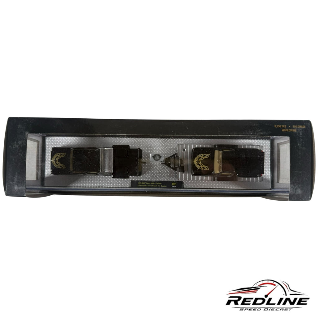 Redline Speed Diecast M2 Machines 1976 GMC truck and trailer set in black with gold bird graphics in display box