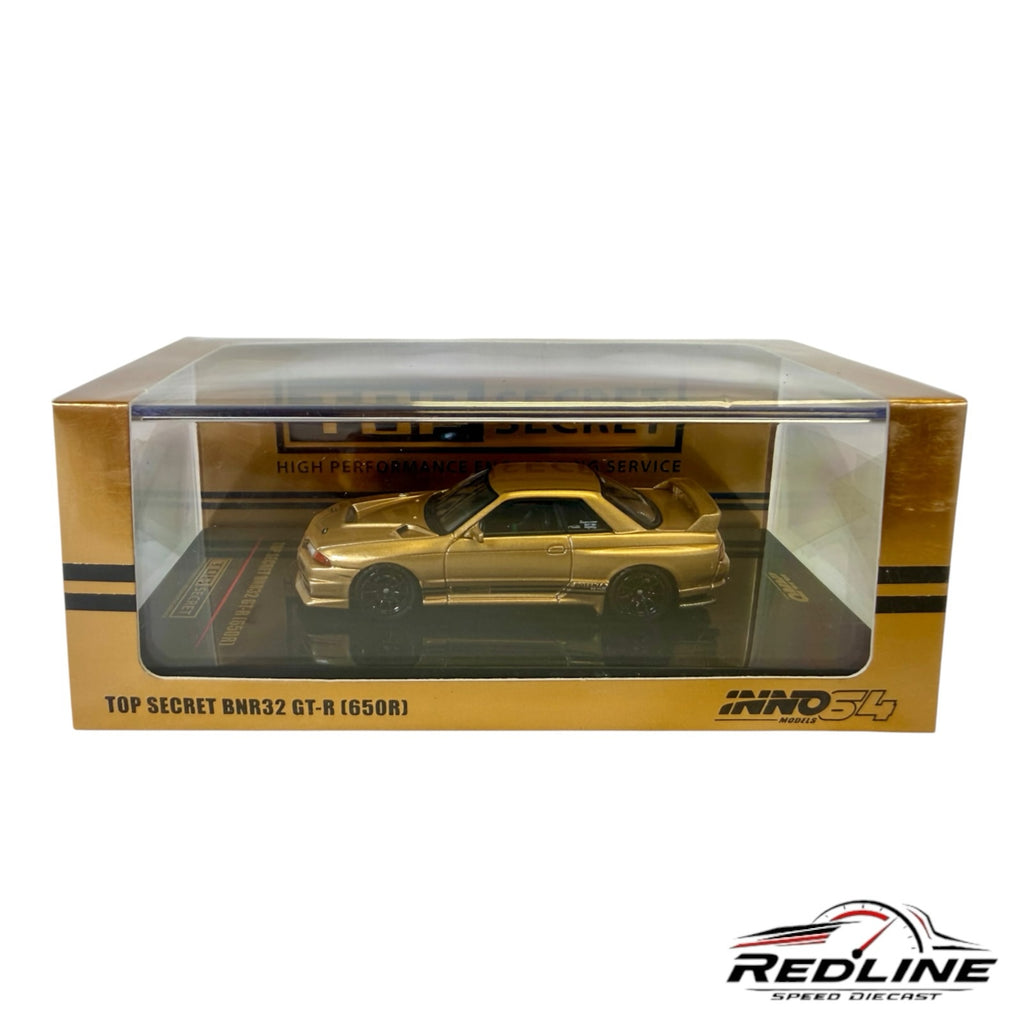 Redline Speed Diecast 1:64 scale gold Top Secret BNR32 GT-R 650R model car in a collector display box