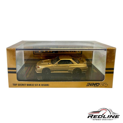 Redline Speed Diecast 1:64 scale gold Top Secret BNR32 GT-R 650R model car in a collector display box