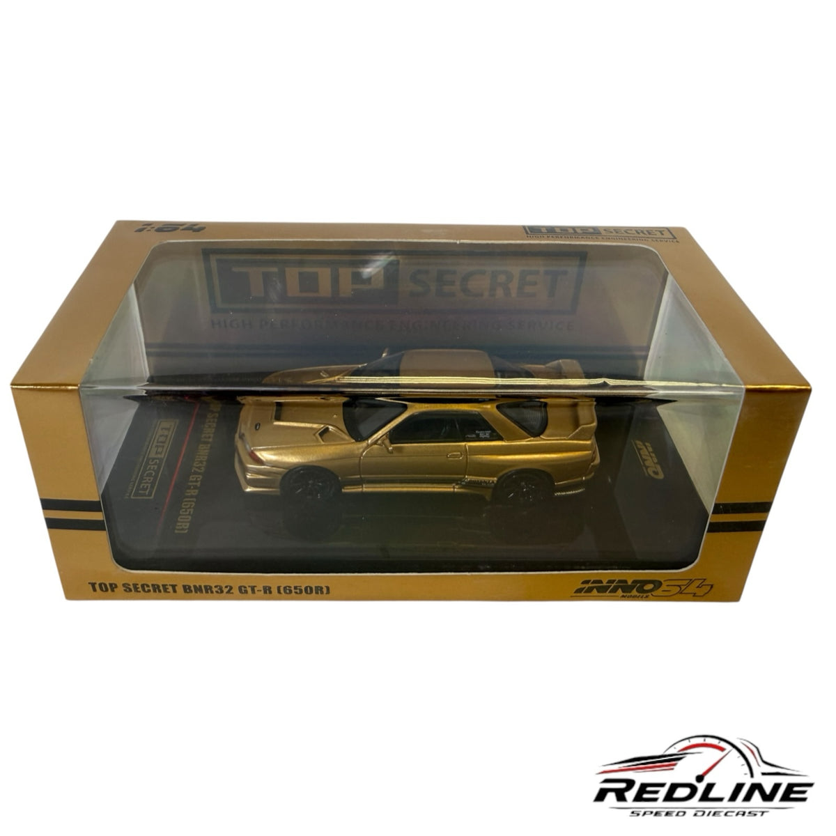 Redline Speed Diecast 1:64 scale gold Top Secret BNR32 GT-R 650R model car in its collector display box
