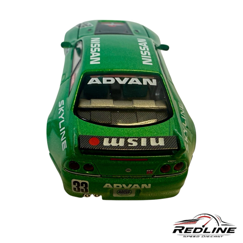 Redline Speed Diecast 1:64 scale metallic green Nissan Skyline GT-R R33 Imai Racing model with Advan livery