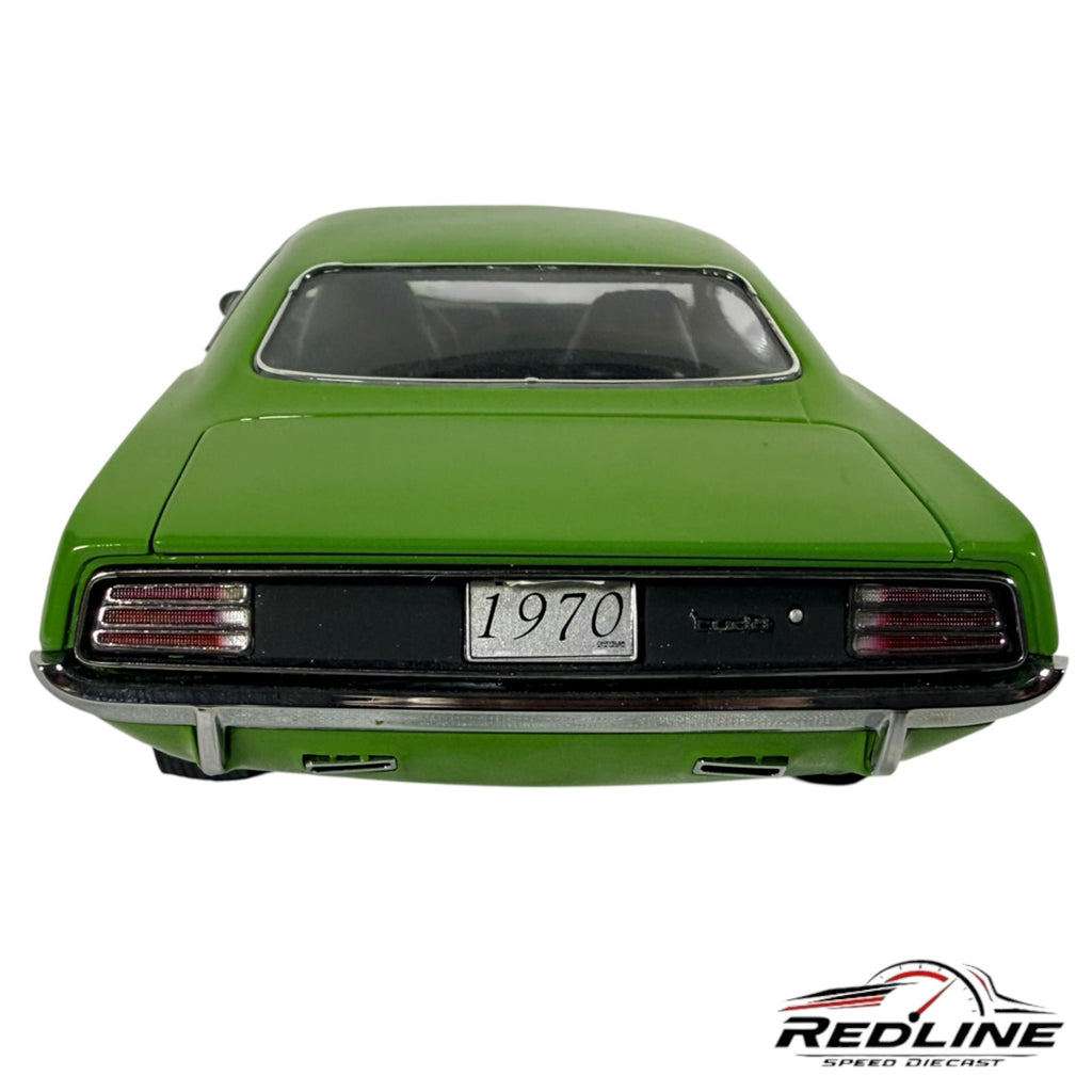 Rear view of a green Redline Speed Diecast 1970 Plymouth Cuda model car with chrome bumper and 1970 license plate.