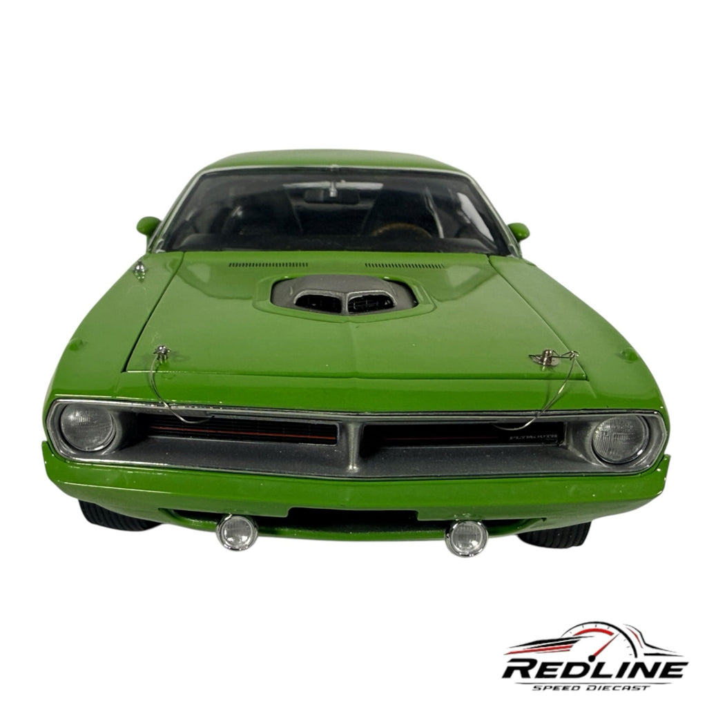 Redline Speed Diecast 1970 Plymouth Cuda model car in vibrant green with hood pins and front grille detail
