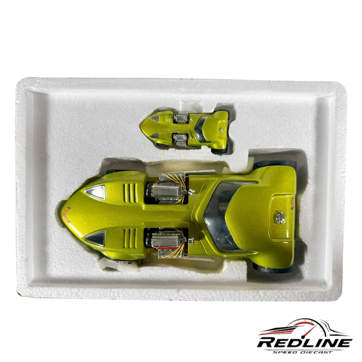 Redline Speed Diecast metallic green Hot Wheels Twin Mill concept car model with dual engines in styrofoam packaging