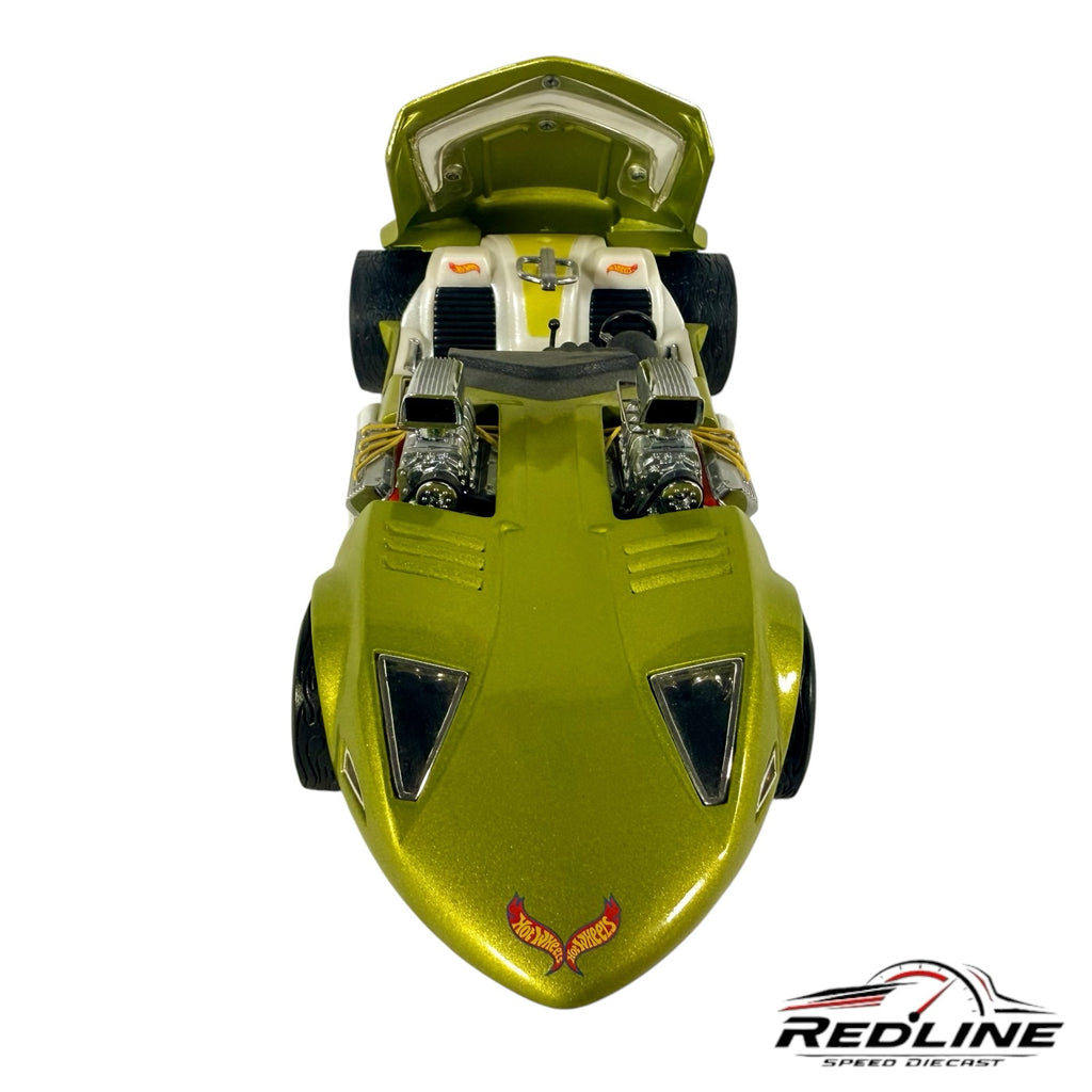 Redline Speed Diecast metallic green Hot Wheels Twin Mill concept car model with dual engines and open hood
