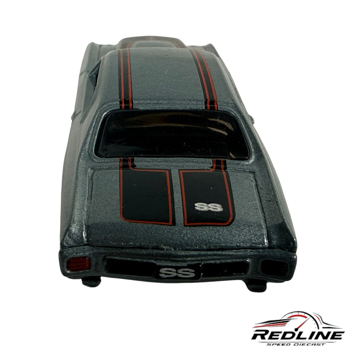 Redline Speed Diecast 1970 Chevrolet Chevelle SS model in metallic grey with black and red racing stripes
