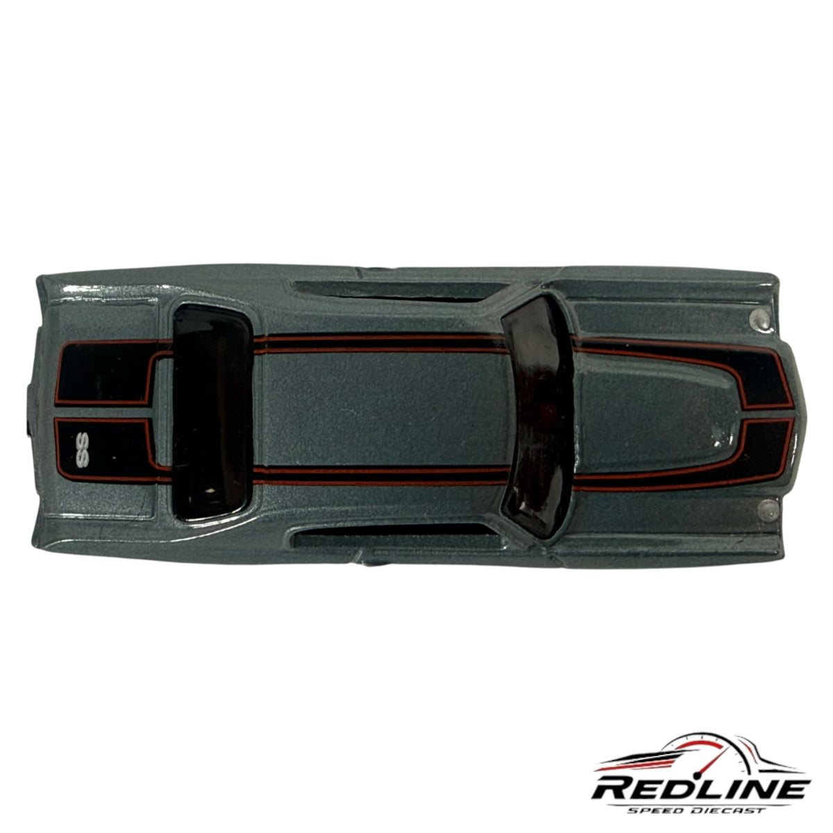Redline Speed Diecast 1970 Chevrolet Chevelle SS model in metallic grey with black and red racing stripes, top view.