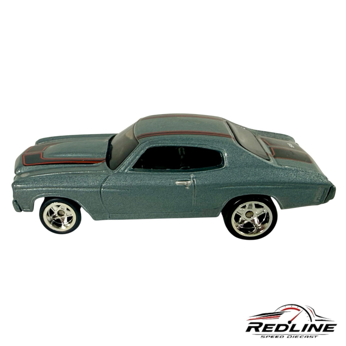 Redline Speed Diecast 1970 Chevrolet Chevelle SS model in metallic grey with black and red racing stripes.