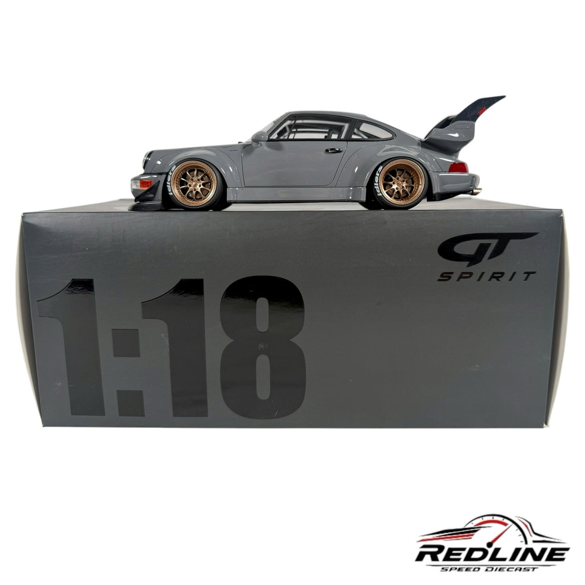 Redline Speed Diecast 1:18 scale grey RWB Porsche model car with bronze wheels and wide-body kit on display box