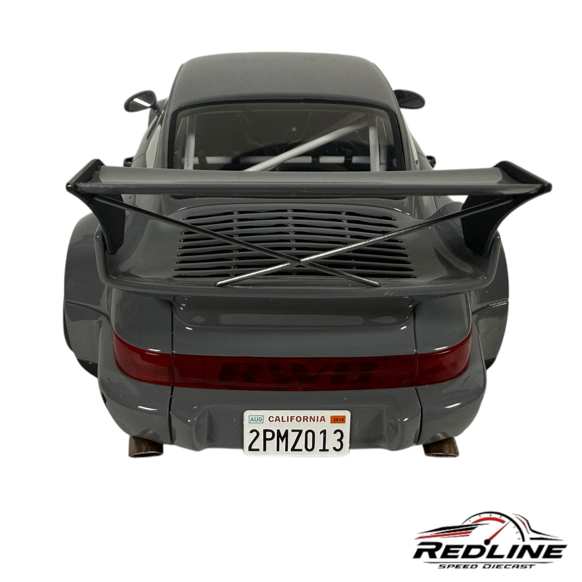Redline Speed Diecast 1:18 scale grey RWB Porsche model car featuring a wide-body kit and large rear wing, rear view.