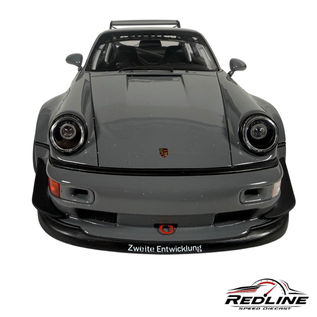 Redline Speed Diecast 1:18 scale grey RWB Porsche model car featuring a wide-body kit and front splitter