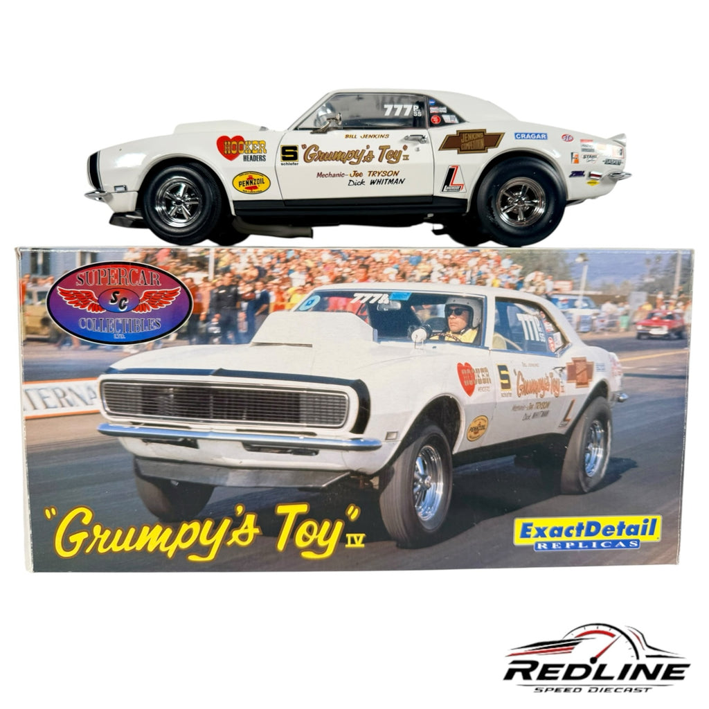 Redline Speed Diecast 1:18 scale Grumpy's Toy IV Chevrolet Camaro white drag racing model with authentic sponsor decals