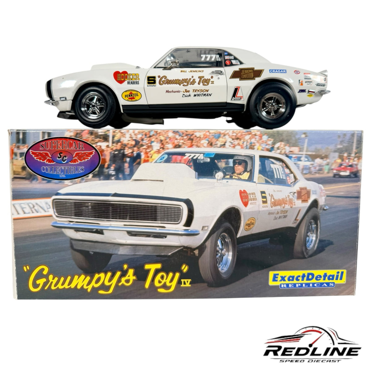 Redline Speed Diecast 1:18 scale Grumpy's Toy IV Chevrolet Camaro white drag racing model with authentic sponsor decals