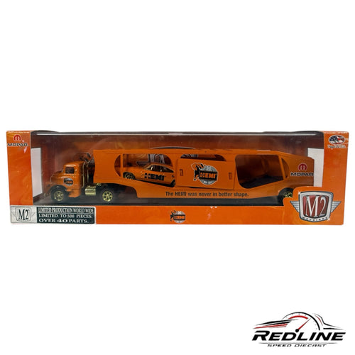 Redline Speed Diecast M2 Machines orange HEMI auto hauler truck and Dodge Charger Daytona set in original packaging
