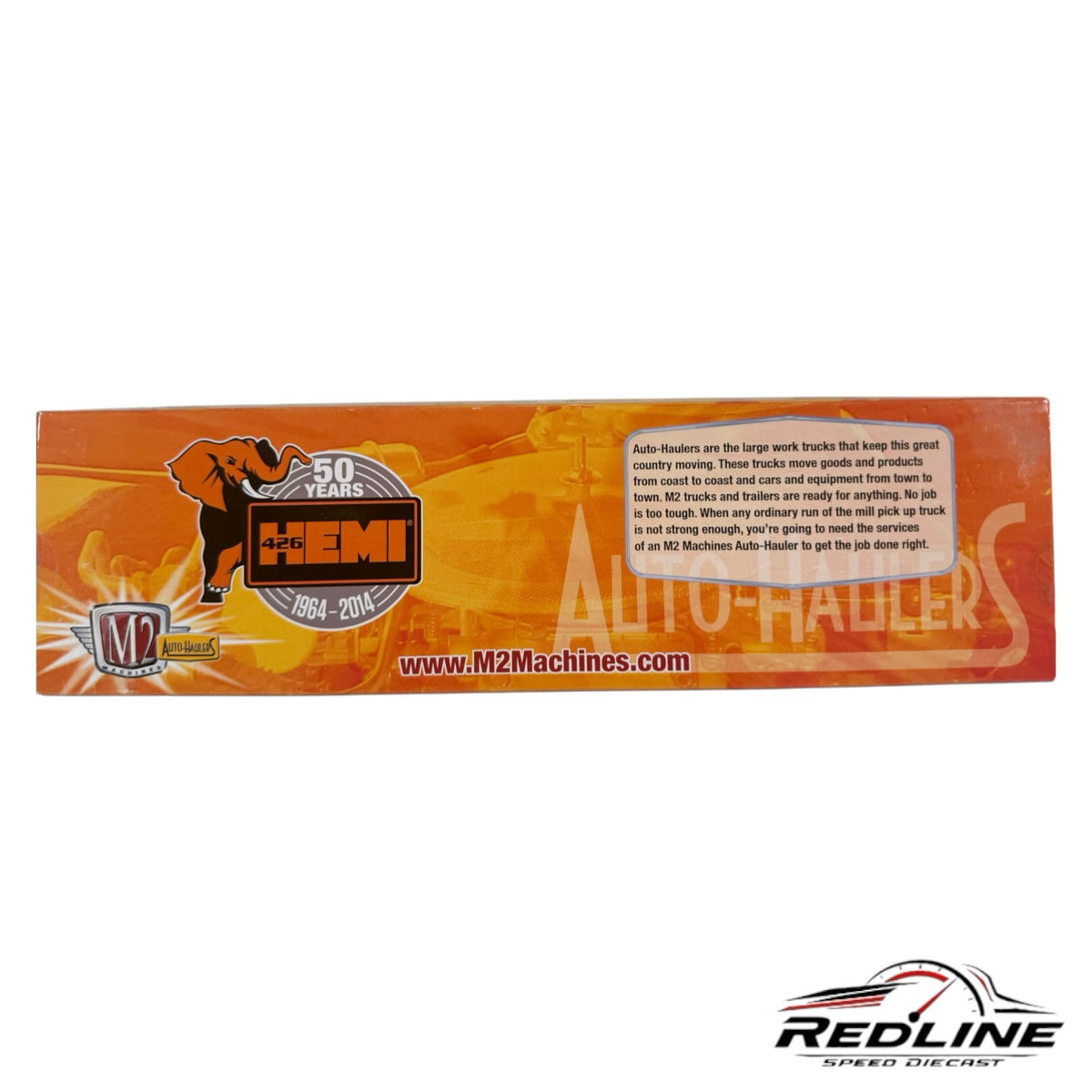 Redline Speed Diecast M2 Machines HEMI 50th Anniversary auto hauler packaging with orange branding and elephant logo