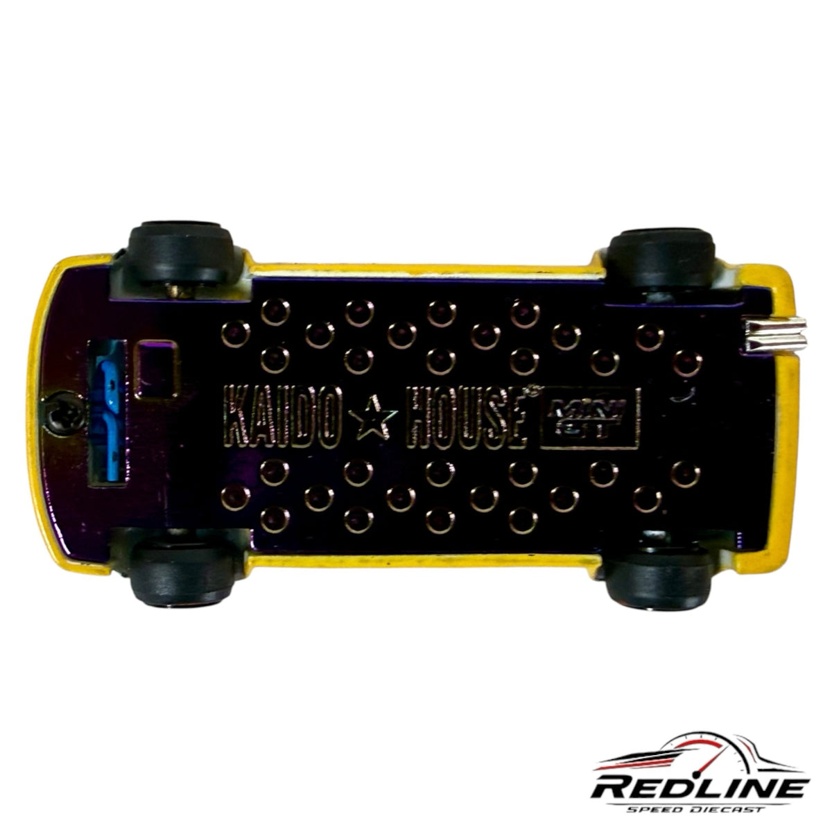 Underside of Redline Speed Diecast Honda Civic EF model showing metal chassis with Kaido House branding and wheels