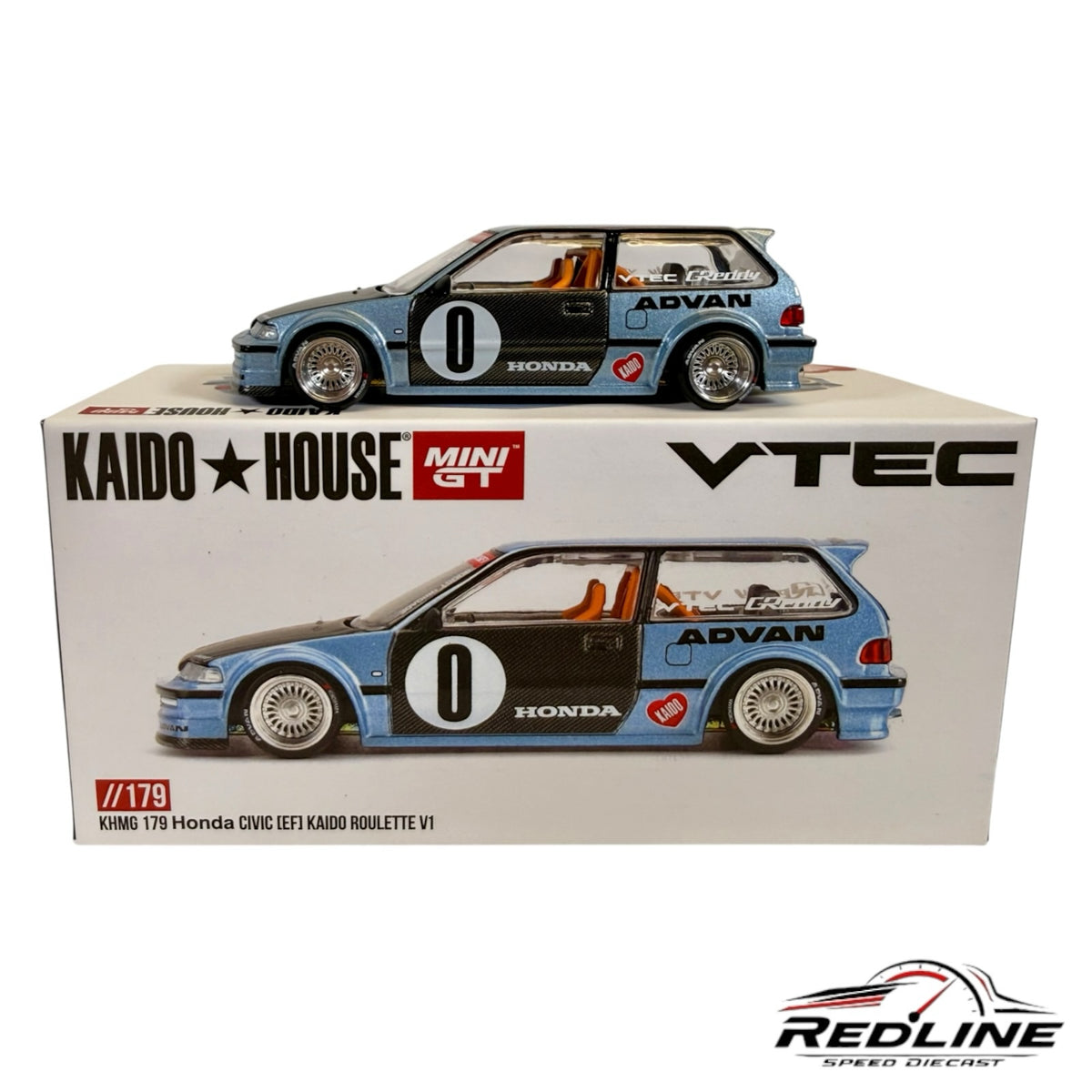 Redline Speed Diecast 1:64 scale metallic blue Honda Civic EF wide-body model with racing decals on display box