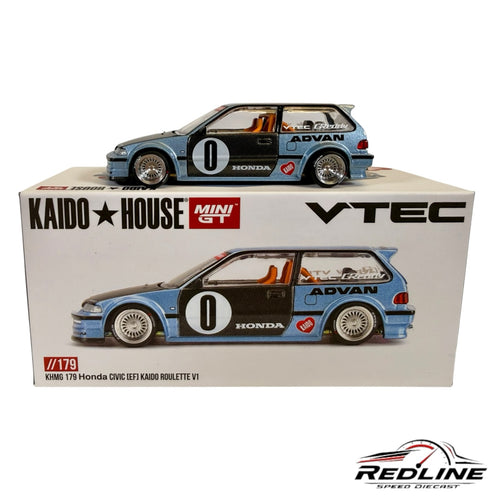 Redline Speed Diecast 1:64 scale metallic blue Honda Civic EF wide-body model with racing decals on display box