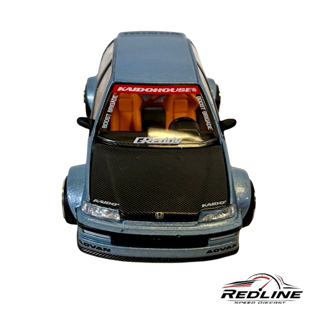 Redline Speed Diecast 1:64 scale metallic blue Honda Civic EF with carbon fiber hood and orange interior