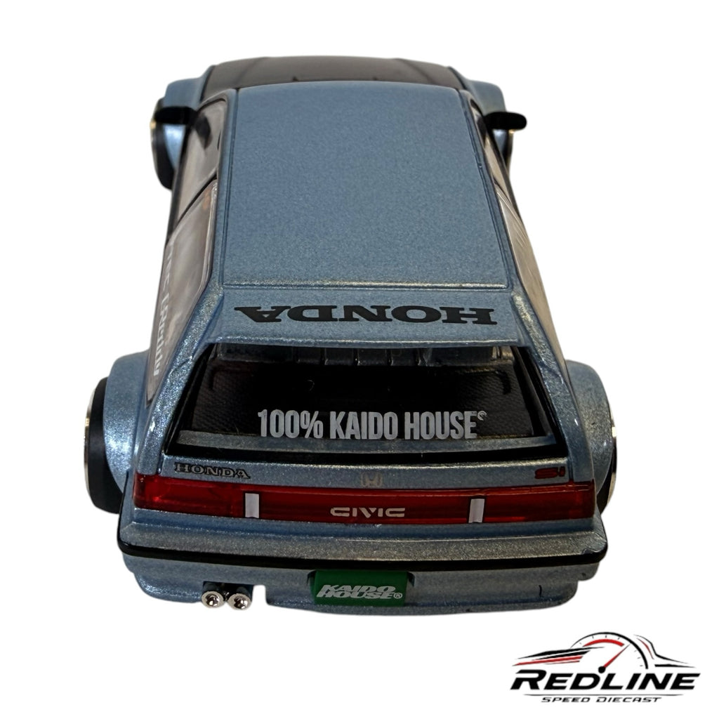 Rear view of Redline Speed Diecast Honda Civic EF model in metallic blue with wide-body kit and Kaido House branding.