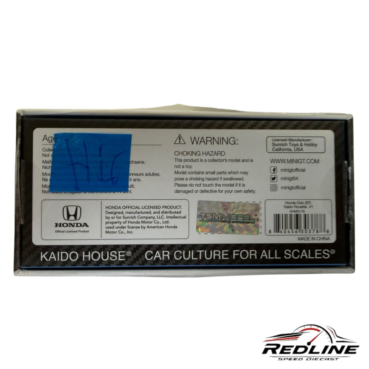 Redline Speed Diecast packaging box for Kaido House Mini GT Honda Civic EF Kaido Roulette model with safety warnings