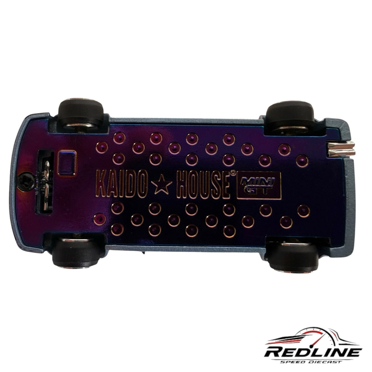 Redline Speed Diecast Honda Civic EF model showing the iridescent purple chassis with Kaido House and Mini GT logos