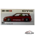 Redline Speed Diecast KAIDO HOUSE MINI GT Honda Civic EF Kaido Works V2 diecast model in deep red on display box