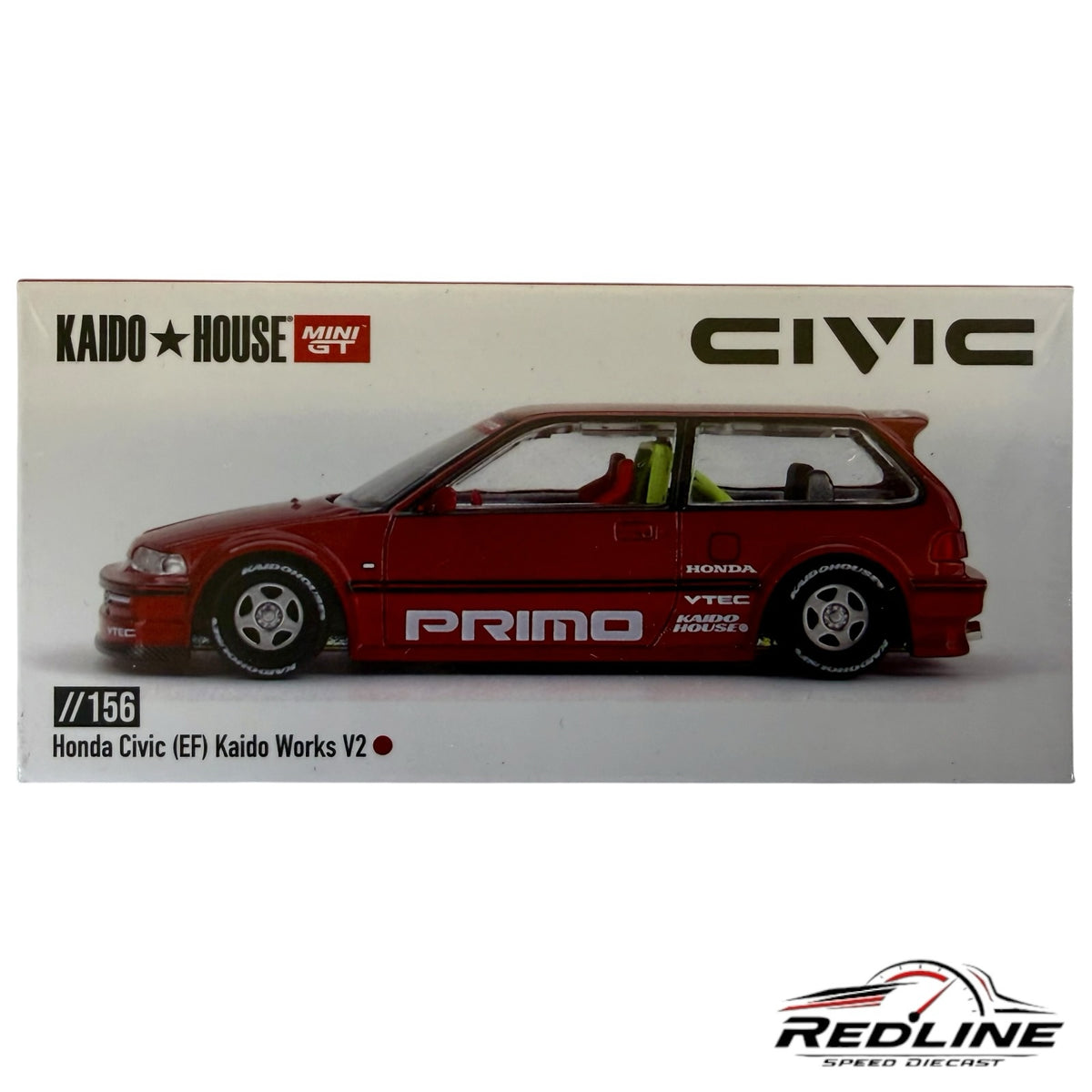 Redline Speed Diecast KAIDO HOUSE MINI GT Honda Civic EF Kaido Works V2 diecast model in deep red on display box