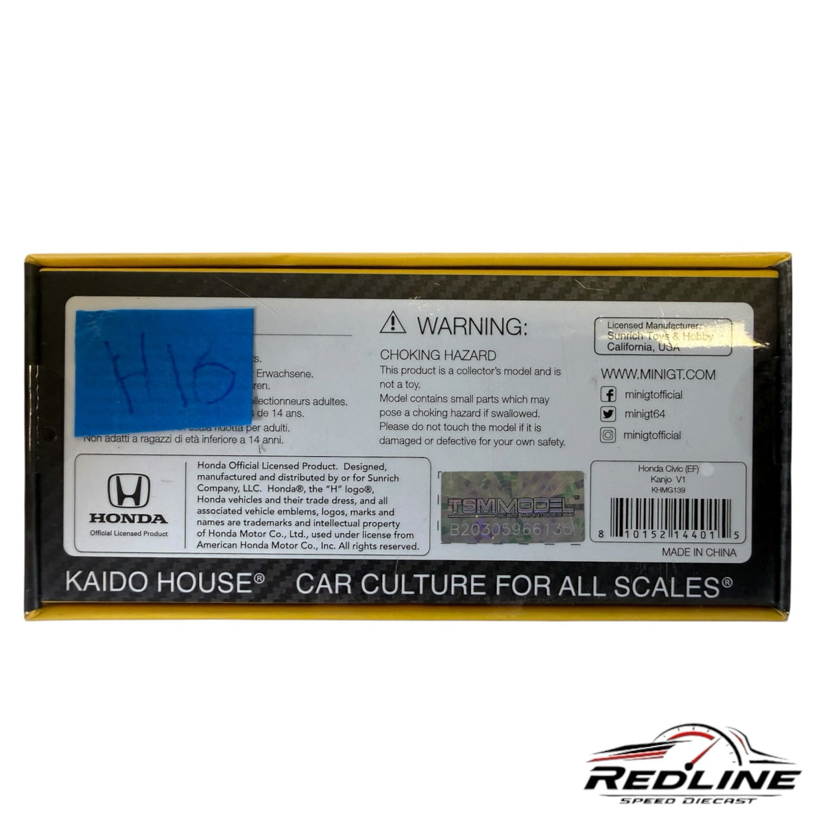Redline Speed Diecast packaging box for the KAIDO HOUSE MINI GT Honda Civic Kanjo V1 diecast model