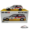 Redline Speed Diecast Kaido House Honda Civic EF Kanjo V1 diecast car in white and yellow with racing decals.