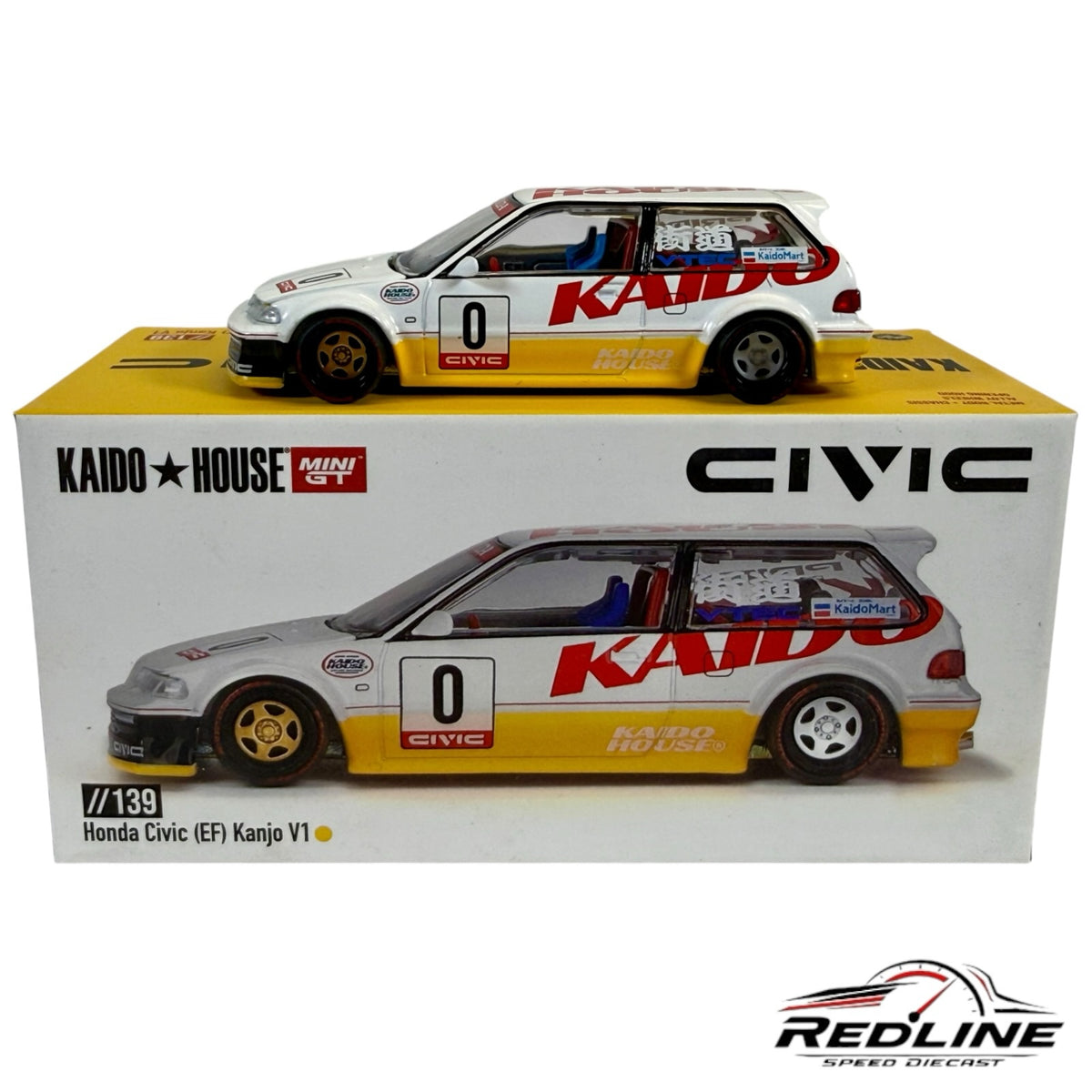 Redline Speed Diecast Kaido House Honda Civic EF Kanjo V1 diecast car in white and yellow with racing decals.