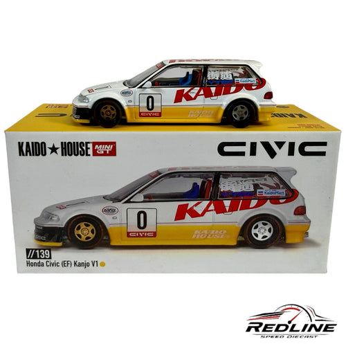 Redline Speed Diecast Kaido House Honda Civic EF Kanjo V1 diecast car in white and yellow with racing decals.