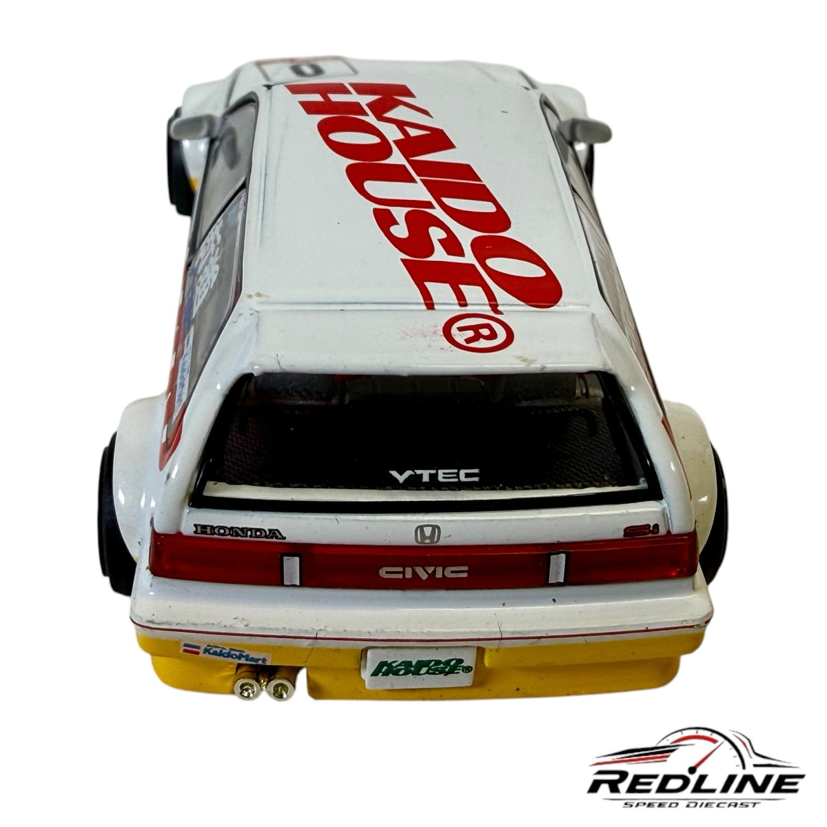 Redline Speed Diecast 1:64 scale Honda Civic EF Kanjo V1 model with white and yellow livery and racing decals