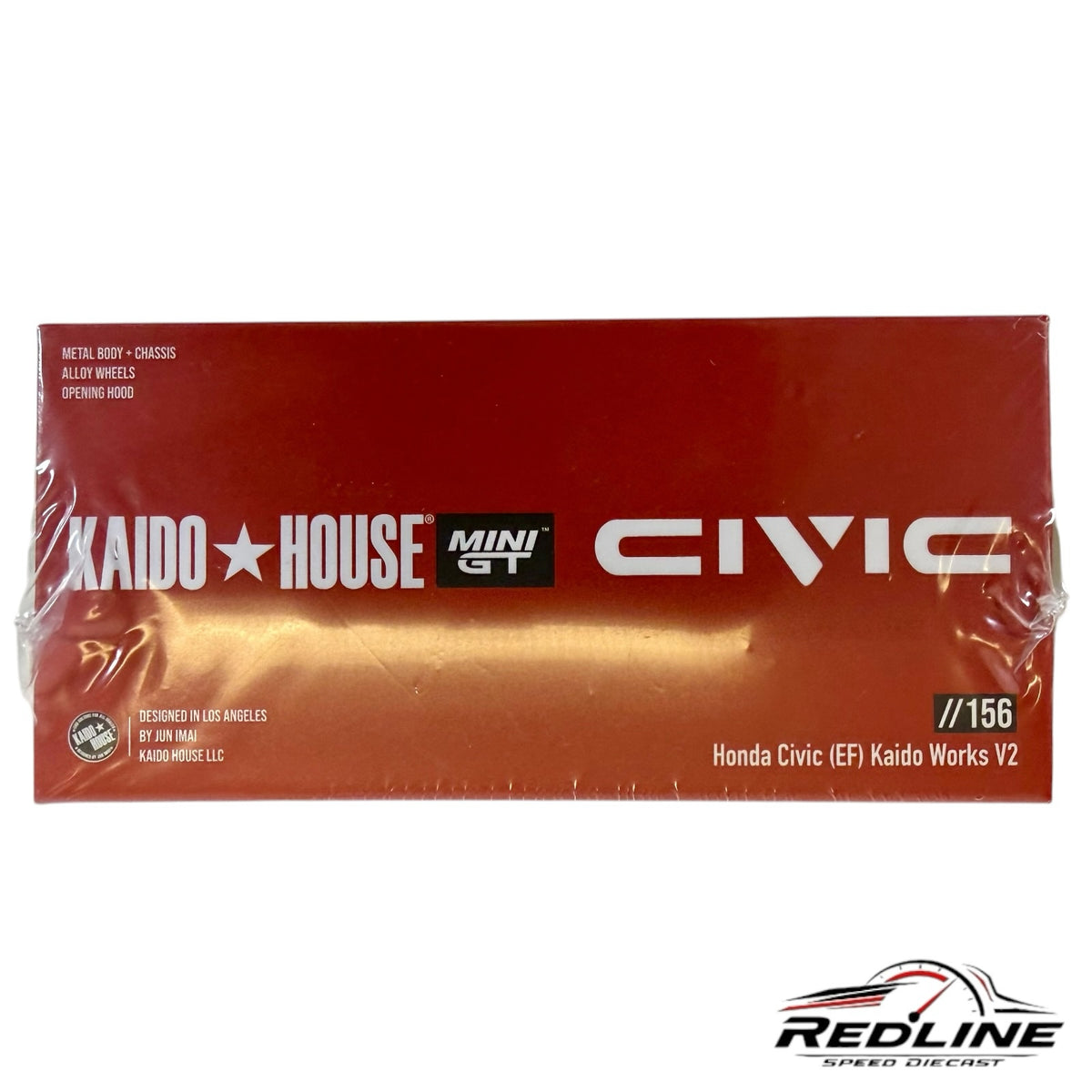 Redline Speed Diecast packaging for the Kaido House Mini GT Honda Civic EF Kaido Works V2 model in deep red