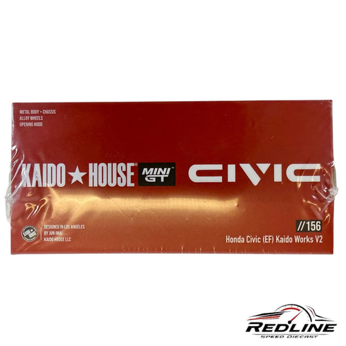 Redline Speed Diecast packaging for the Kaido House Mini GT Honda Civic EF Kaido Works V2 model in deep red